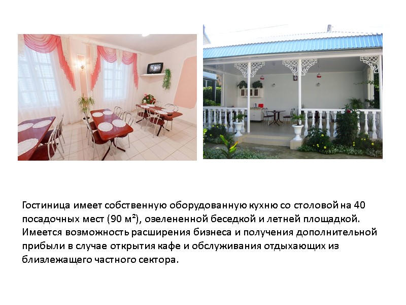 Гостиница имеет собственную оборудованную кухню со столовой на 40 посадочных мест (90 м²), озелененной